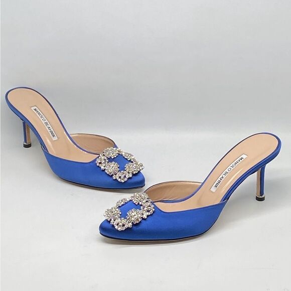 Manolo Blahnik Satin Blue Mules with Crystal Accent - Picture 7 of 13